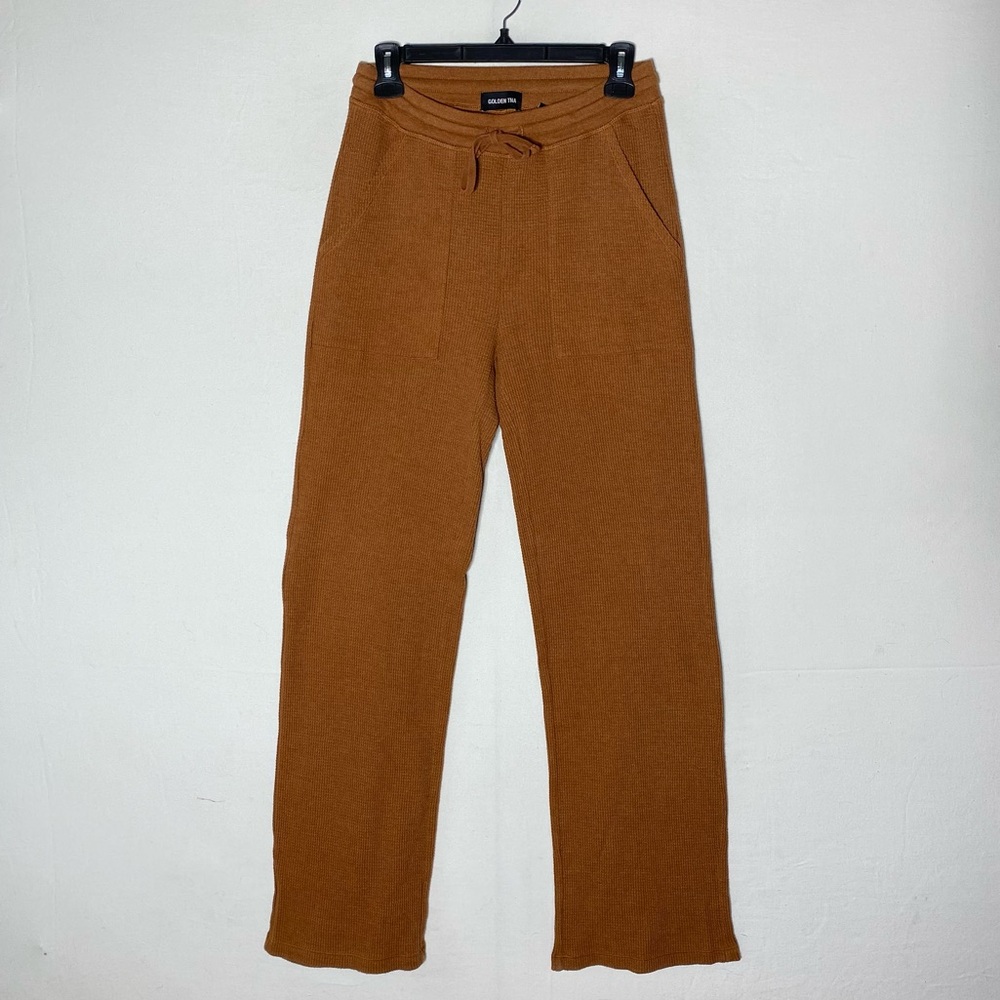 Aritzia Golden TNA Tan Ochre Waffle Knit High Rise Wide Leg Loungewear Pants S